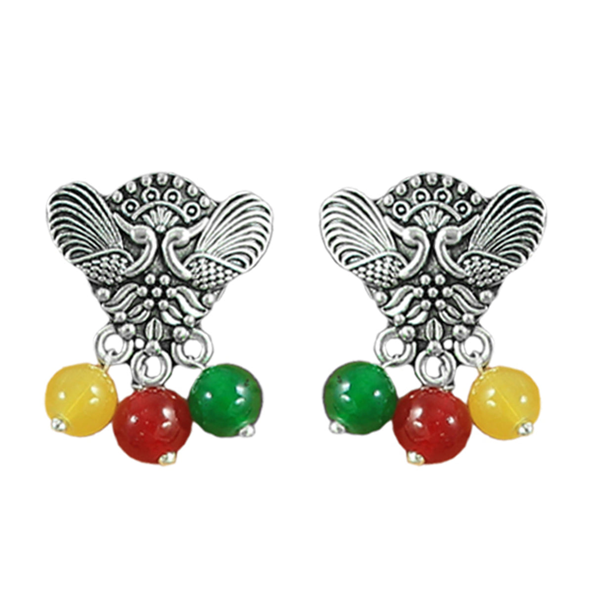 JFL – Jewellery for Less Oxidised Silver Peacock Pendant Jewelry Set for Women | Maroon Green Black Beaded Necklace, Earrings | Ethnic Navratri, Garba