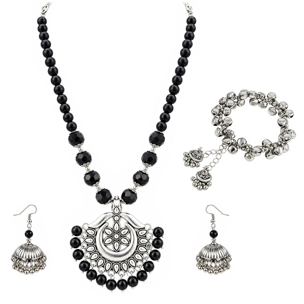 JFL - Jewellery for Less Oxidized German Silver Black Beads Pendant Necklace and Earrings with Bracelet Set for Women | Antique Silver Floral Design Jewellery Set | Navratri Special Traditional Jewellery