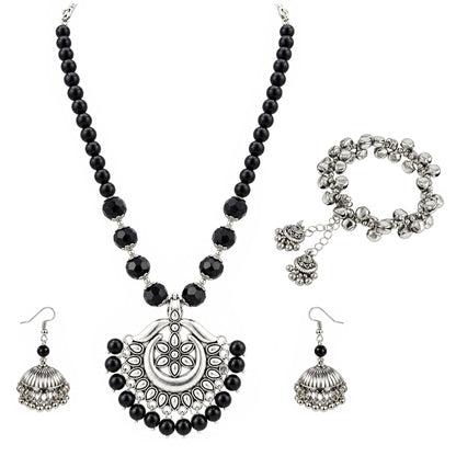 JFL - Jewellery for Less Oxidized German Silver Black Beads Pendant Necklace and Earrings with Bracelet Set for Women | Antique Silver Floral Design Jewellery Set | Navratri Special Traditional Jewellery