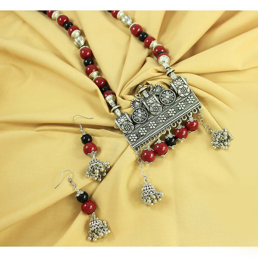 JFL-Jewellery for Less Maroon & Black Beaded Necklace Earrings Set with Oxidised Silver Floral Temple Pendant & Jhumka Danglers – Jewellery for Women & Girls – Navratri, Garba