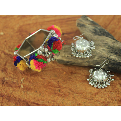 JFL - Jewellery for Less Navratri Special Oxidised Silver Jhumka Earrings with Colorful Pom-Pom Bracelet Set for Women & Girls