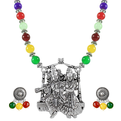 JFL – Jewellery for Less Multicolor Beaded Oxidised Silver Temple Jewelry Set for Women | Radha Krishna Pendant Necklace with Earrings | Ethnic Festive Navratri,Garba