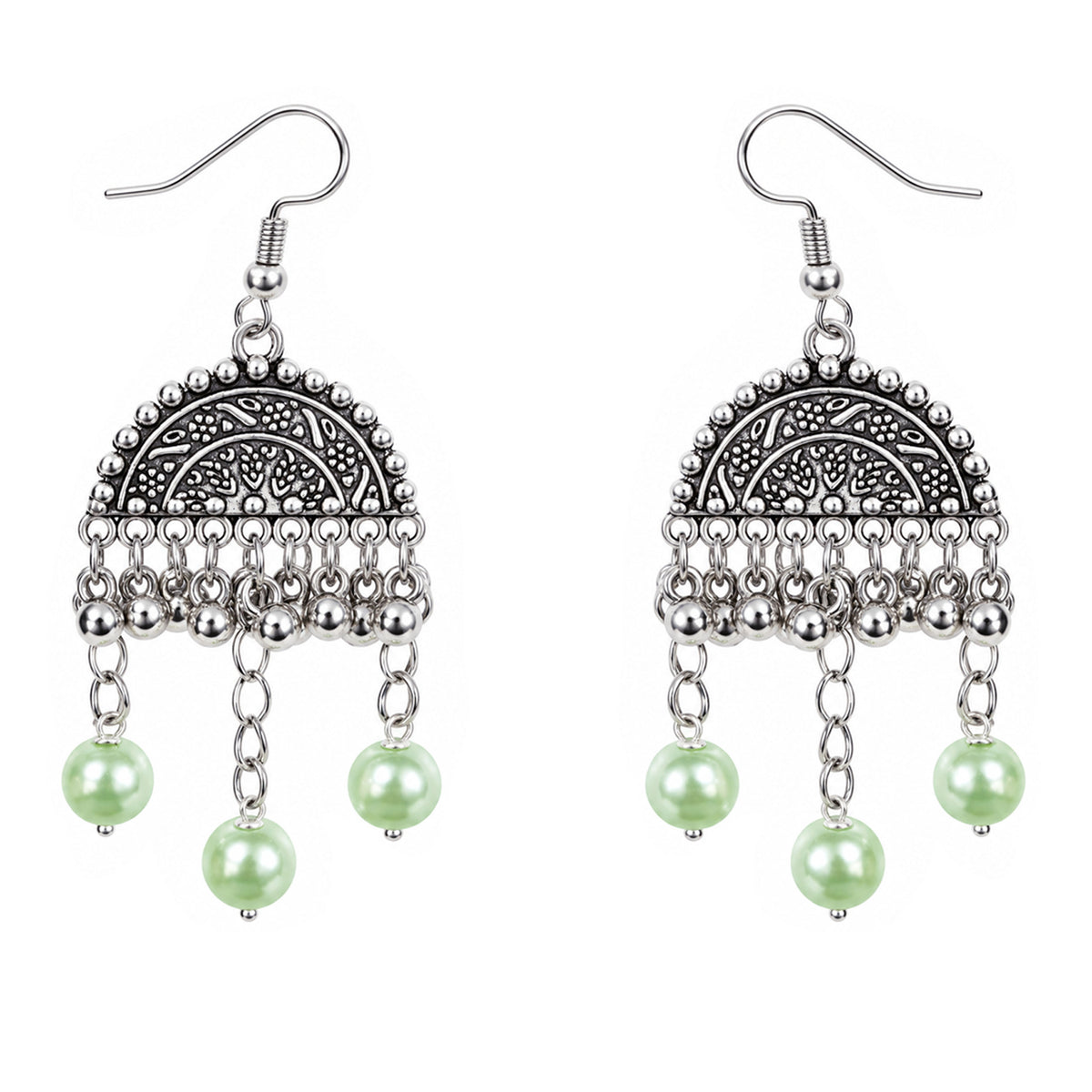 JFL - Jewellery for Less Oxidised German Silver Necklace Set and Half-Circle Earrings with Bracelet – Traditional Festive Jewellery for Navratri, Garba & Dandiya | Mint Green Pearl Ethnic Necklace for Women
