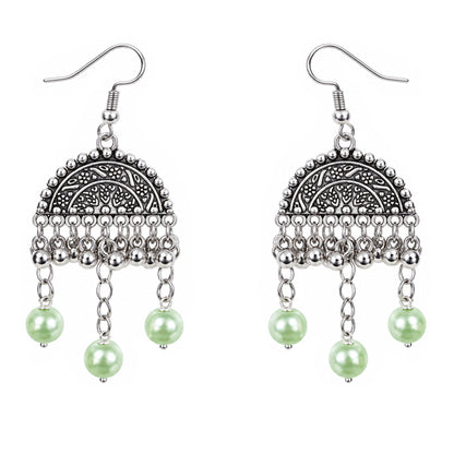 JFL - Jewellery for Less Oxidised German Silver Necklace Set and Half-Circle Earrings with Bracelet – Traditional Festive Jewellery for Navratri, Garba & Dandiya | Mint Green Pearl Ethnic Necklace for Women