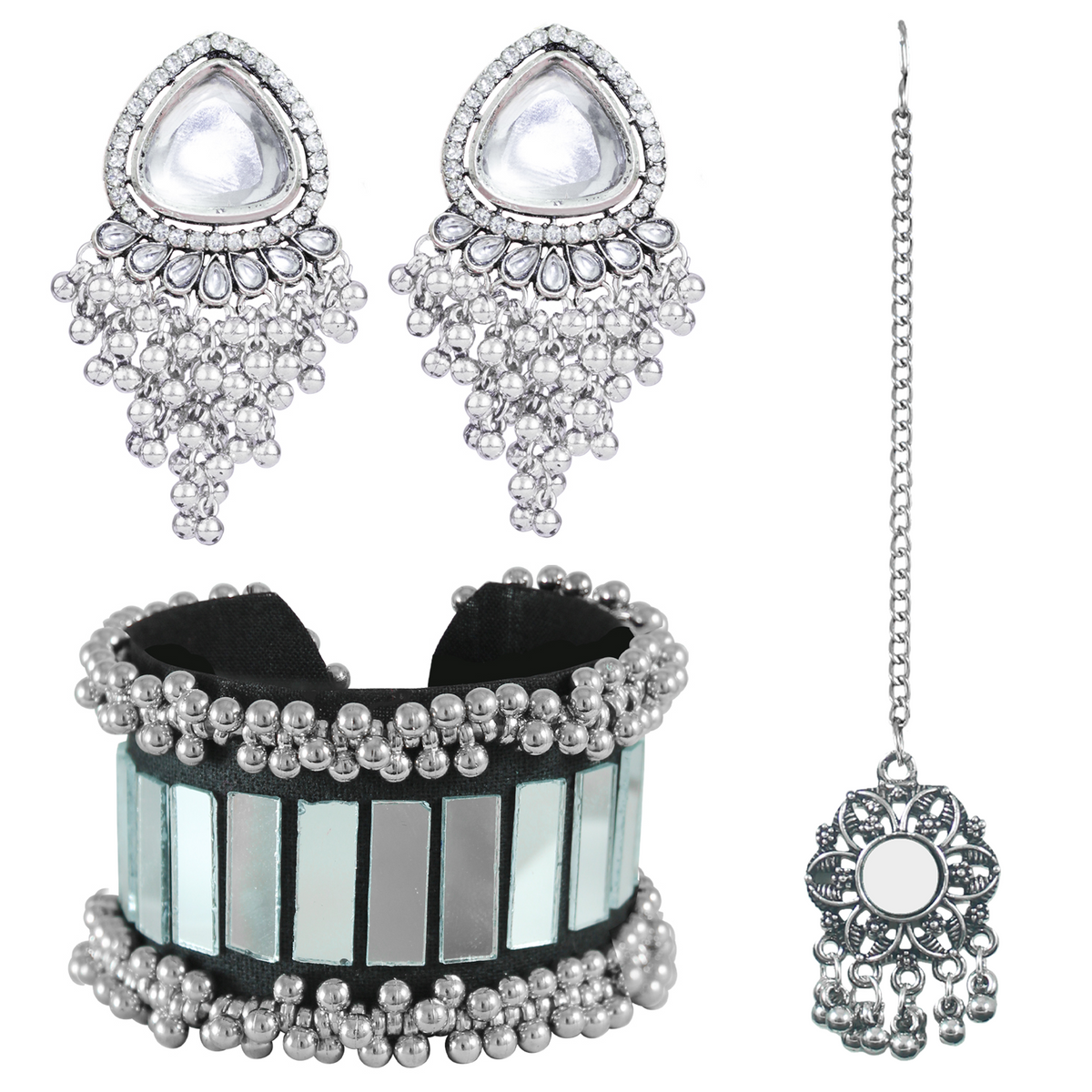 JFL - Jewellery for Less Traditional Mirror Work Oxidized Jewelry Set Earrings, Bracelet & Maang Tikka Combo for Women & Girls (Navratri Special)