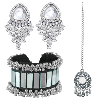 JFL - Jewellery for Less Traditional Mirror Work Oxidized Jewelry Set Earrings, Bracelet & Maang Tikka Combo for Women & Girls (Navratri Special)