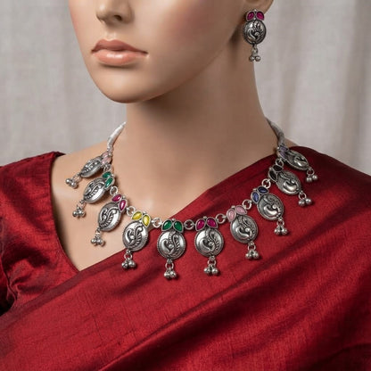 JFL - Jewellery for Less Oxidized German Silver Navratri Necklace Set – Colorful Stone Peacock Design Pendant Jewellery Set for Women & Girls, Traditional Ethnic Antique Silver Combo