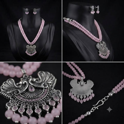 JFL - Jewellery for Less Oxidized German Silver Pink Beads Double Strand Peacock Pendant Necklace with Earrings Set for Women | Antique Silver Design Jewellery Set | Navratri Special Traditional Jewellery