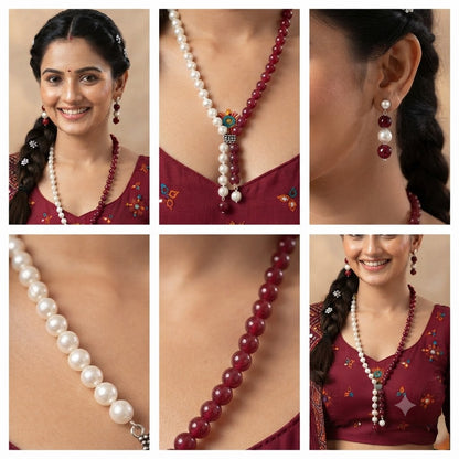 JFL - Jewellery for Less Pearl and Red Bead Asymmetric Necklace Set with Drop Earrings for Women | Oxidized Silver Accent Traditional Ethnic Jewellery | Navratri Festive