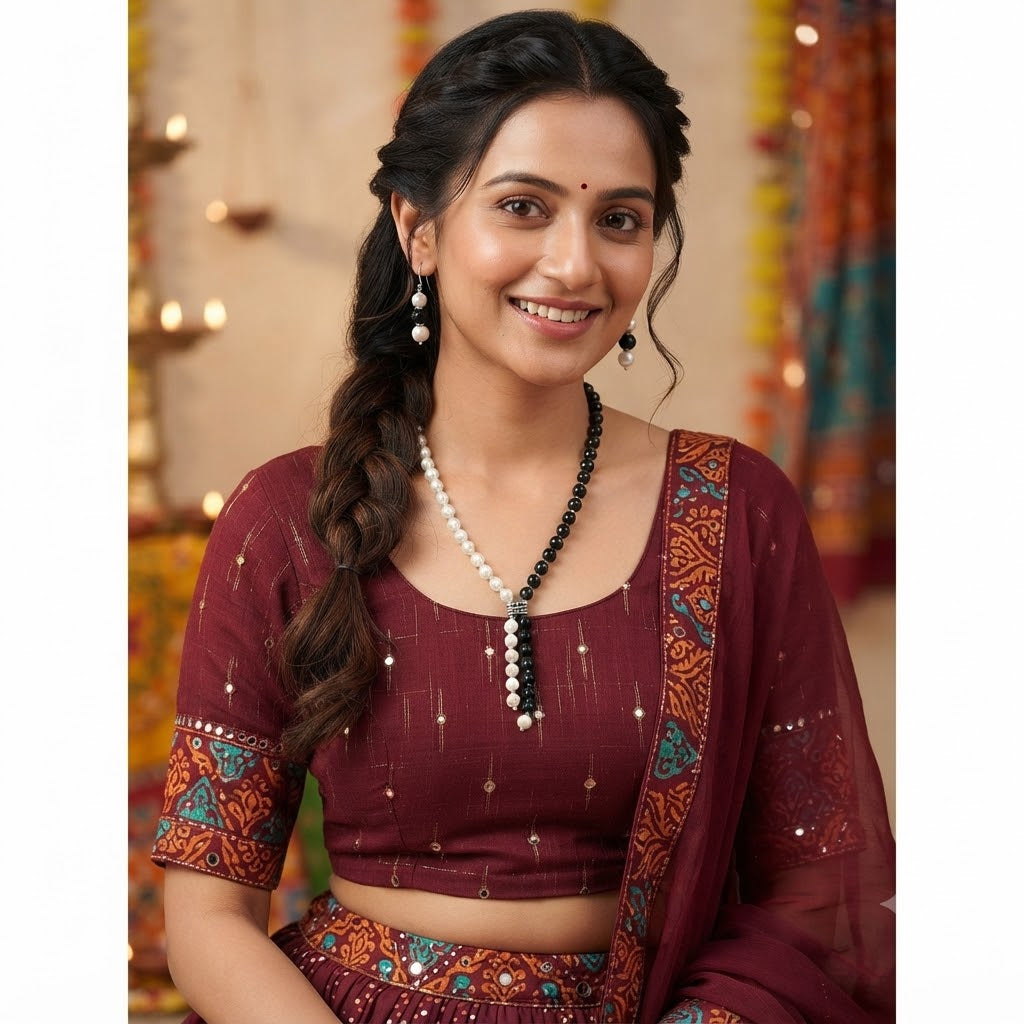 JFL - Jewellery for Less Pearl and Black Bead Asymmetric Necklace Set with Drop Earrings for Women | Oxidized Silver Accent Traditional Ethnic Jewellery | Navratri Festive