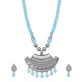 JFL - Jewellery for Less Fashionable 10 mm Sky Blue Color Beads Handcrafted Necklace Set with Silver German Oxidized Pendant Women & Girls. (Sky blue)