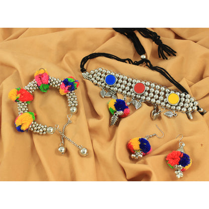 JFL - Jewellery for Less Navratri Special Oxidised Silver-Plated Multicolor Pom-Pom Beaded Necklace with Matching Earrings – Traditional Multicolor Thread Ethnic Jewellery Combo for Women & Girls