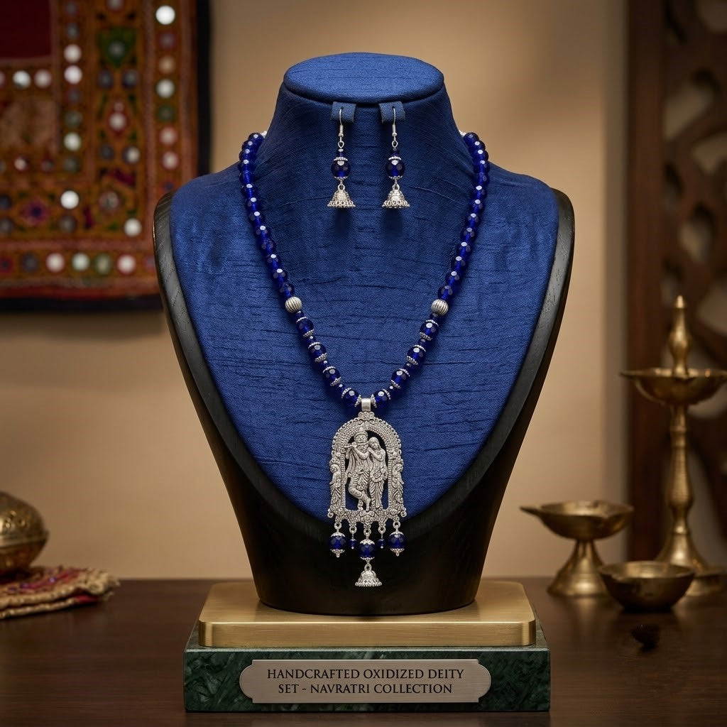 JFL - Jewellery for Less Oxidized German Silver Radha Krishna Pendant Necklace Set with Jhumki Earrings for Women | Royal Blue Beaded Traditional Ethnic Jewellery Set | Navratri Festive