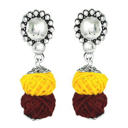 JFL‑Jewellery for Less Maroon & Yellow Cotton Thread Jewellery Set – Necklace, Earrings & Bracelet with Oxidised Silver Lord Ganesha Pendant– Jewellery for Women & Girls – Navratri,Garba