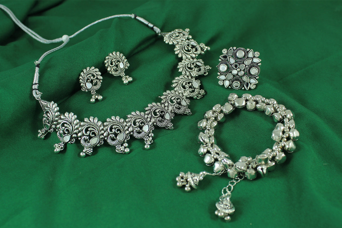 JFL - Jewellery for Less Navratri Special Oxidised Silver Jewellery Set – Peacock Necklace, Earrings, Ghungroo Bracelet & Adjustable Finger Ring | Traditional Festive Jewellery for Women & Girls.