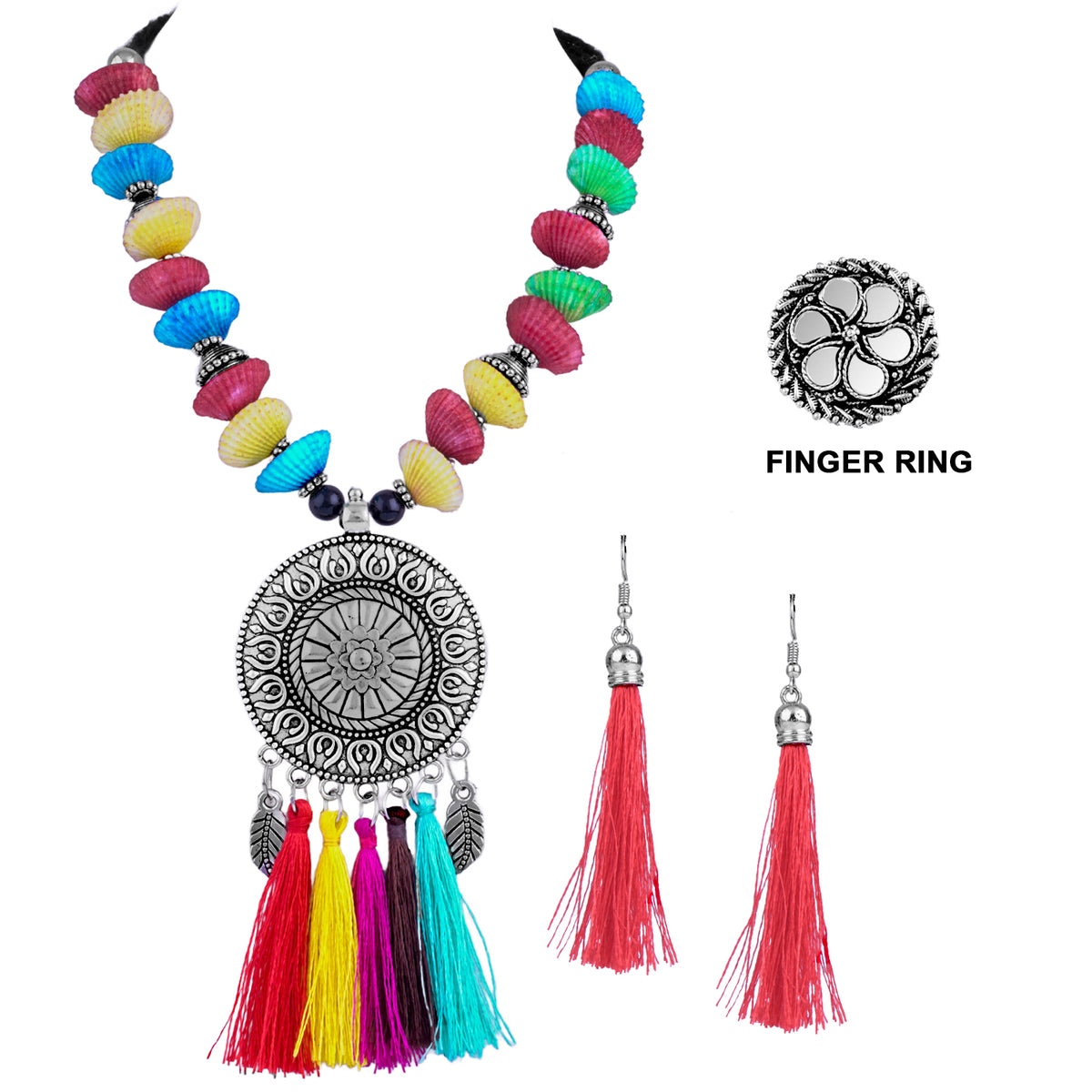 JFL - Jewellery for Less Combo Fancy Oxidised Silver Plated Multi Colour Tassel and Mussels Shell Necklace Set with Mirror Work Adjustable Finger Ring Women & Girls.(Navratri Special)
