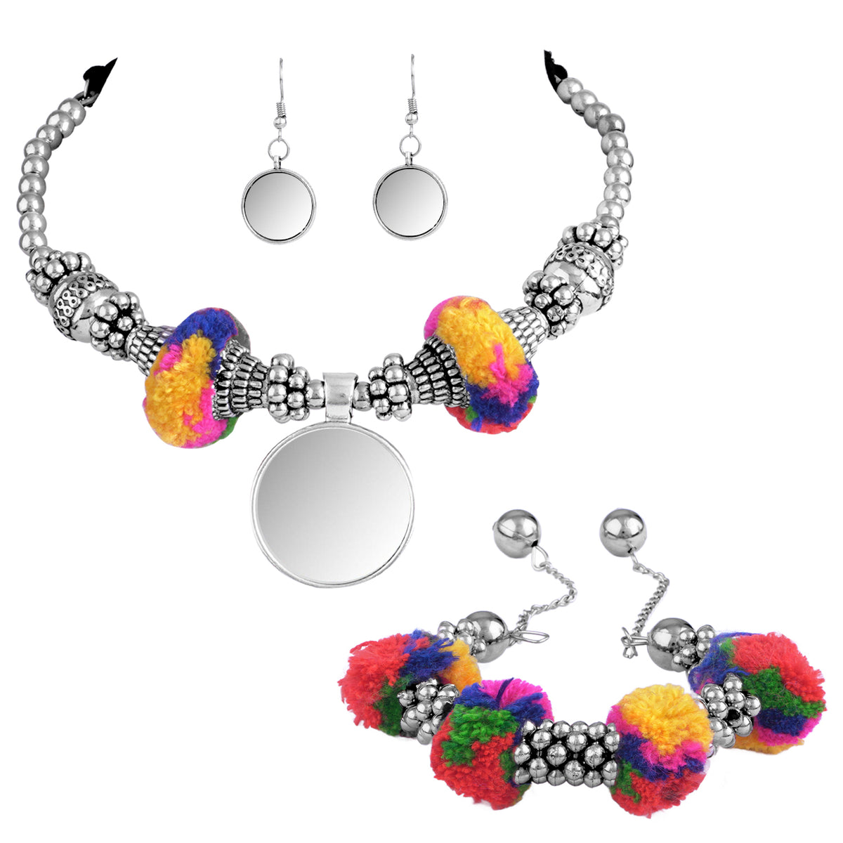 JFL - Jewellery for Less Combo Multicolor Oxidised Silver Plated Mirror Work ,Pom-Pom and Ghungroo Necklace Set with Adjustable Bracelet Women & Girls.(Navratri Special)