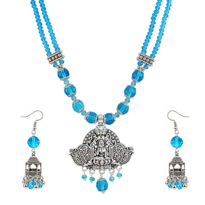 JFL - Jewellery for Less Navratri Turquoise Blue Crystal Beaded Necklace Earring with Bracelet Set for Women | Oxidized German Silver Goddess Pendant | Traditional Ethnic Jewellery for Festive & Wedding