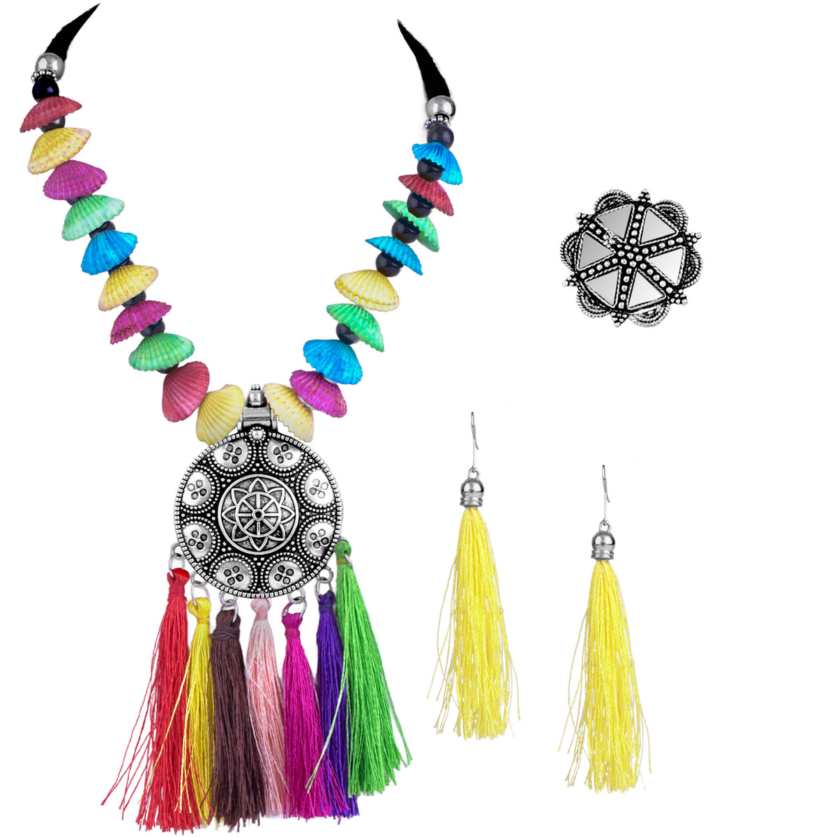 JFL - Jewellery for Less Combo Traditional Fancy Oxidised Silver Plated Multi Colour Tassel and Mussels Shell Necklace Set with Mirror Work Adjustable Finger Ring Women & Girls.(Navratri Special)