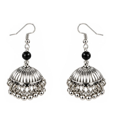 JFL - Jewellery for Less Oxidized German Silver Black Beads Pendant Necklace and Earrings with Bracelet Set for Women | Antique Silver Floral Design Jewellery Set | Navratri Special Traditional Jewellery