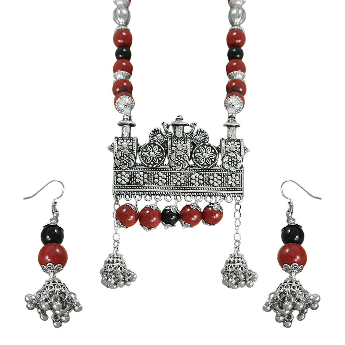 JFL-Jewellery for Less Maroon & Black Beaded Necklace Earrings Set with Oxidised Silver Floral Temple Pendant & Jhumka Danglers – Jewellery for Women & Girls – Navratri, Garba