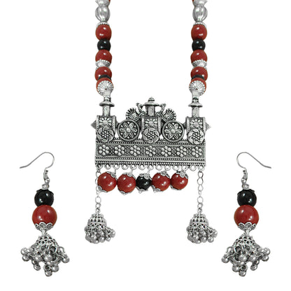 JFL-Jewellery for Less Maroon & Black Beaded Necklace Earrings Set with Oxidised Silver Floral Temple Pendant & Jhumka Danglers – Jewellery for Women & Girls – Navratri, Garba