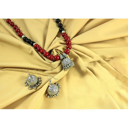 JFL – Jewellery for Less Maroon & Black Beaded Necklace with Oxidised Silver Floral Jhumka Pendant, Matching Jhumka Earrings – Traditional Jewellery for Women & Girls – Navratri, Garba