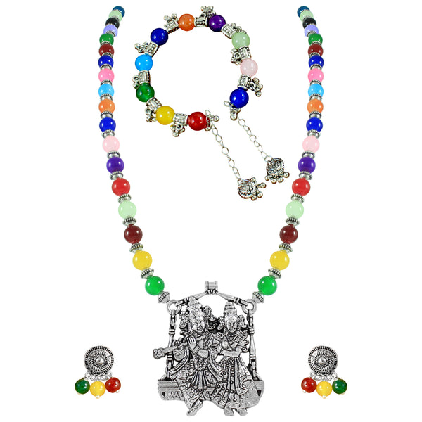 JFL – Jewellery for Less Multicolor Beaded Oxidised Silver Temple Jewelry Set for Women | Radha Krishna Pendant Necklace with Earrings & Bracelet | Ethnic Festive Navratri