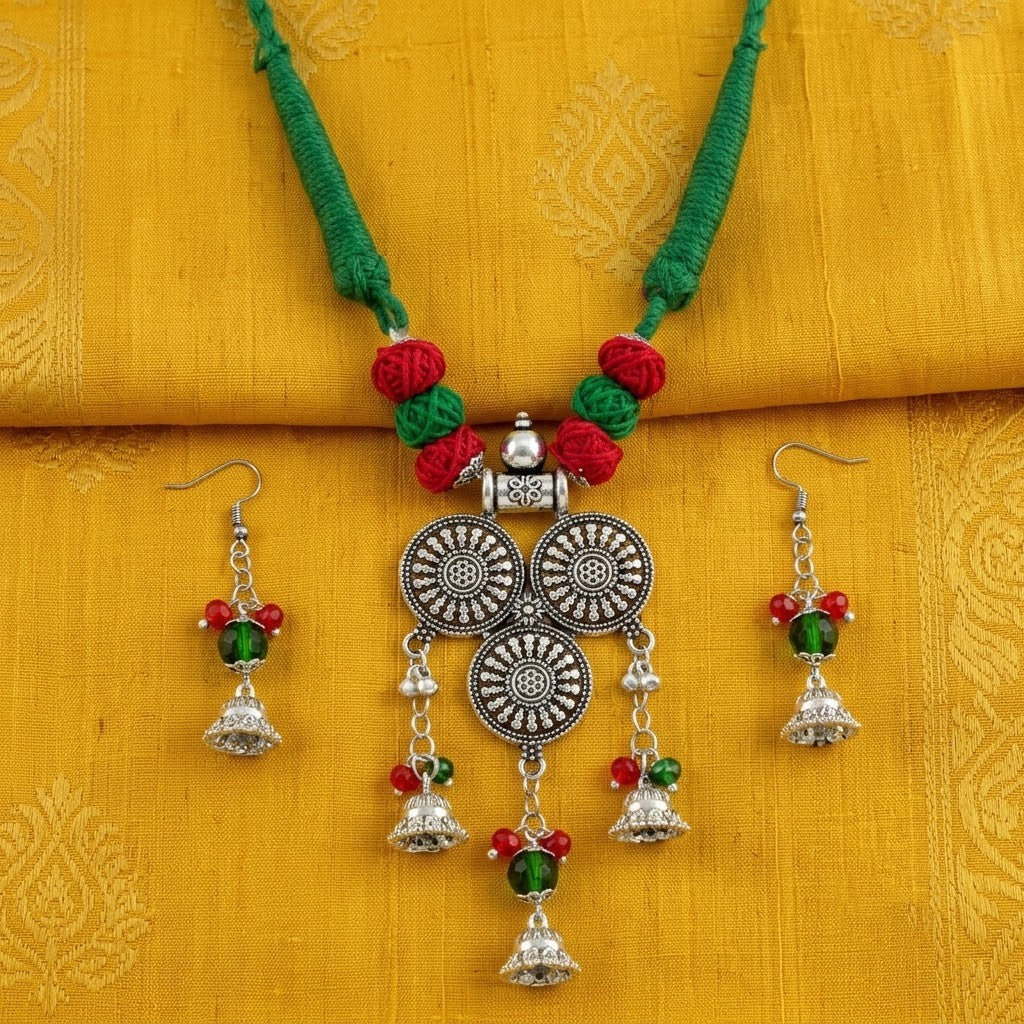 JFL - Jewellery for Less Oxidized Silver Afghani Necklace Set with Red & Green Thread Beads – Tribal Boho Jhumka Earrings – Navratri Traditional Jewellery for Women & Girls