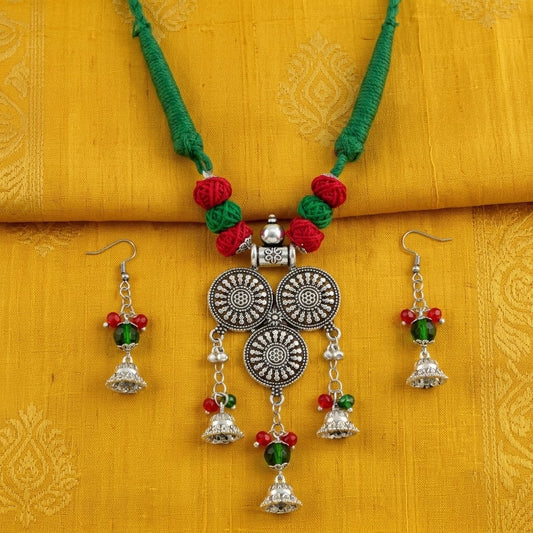 JFL - Jewellery for Less Oxidized Silver Afghani Necklace Set with Red & Green Thread Beads – Tribal Boho Jhumka Earrings – Navratri Traditional Jewellery for Women & Girls