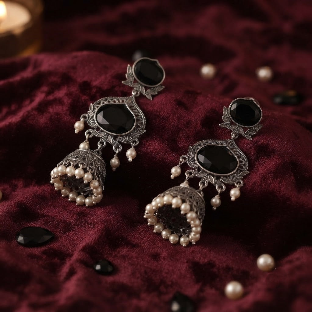 JFL - Jewellery for Less Oxidized Silver-Toned Jhumka Earrings with Black Stone and Pearl Drops – Traditional Ethnic Jewellery for Women