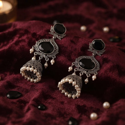 JFL - Jewellery for Less Oxidized Silver-Toned Jhumka Earrings with Black Stone and Pearl Drops – Traditional Ethnic Jewellery for Women