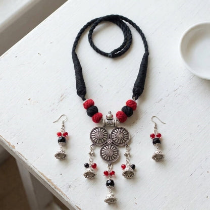 JFL - Jewellery for Less Oxidized Silver Afghani Necklace Set with Red & Black Thread Beads – Tribal Boho Jhumka Earrings – Navratri Traditional Jewellery for Women & Girls