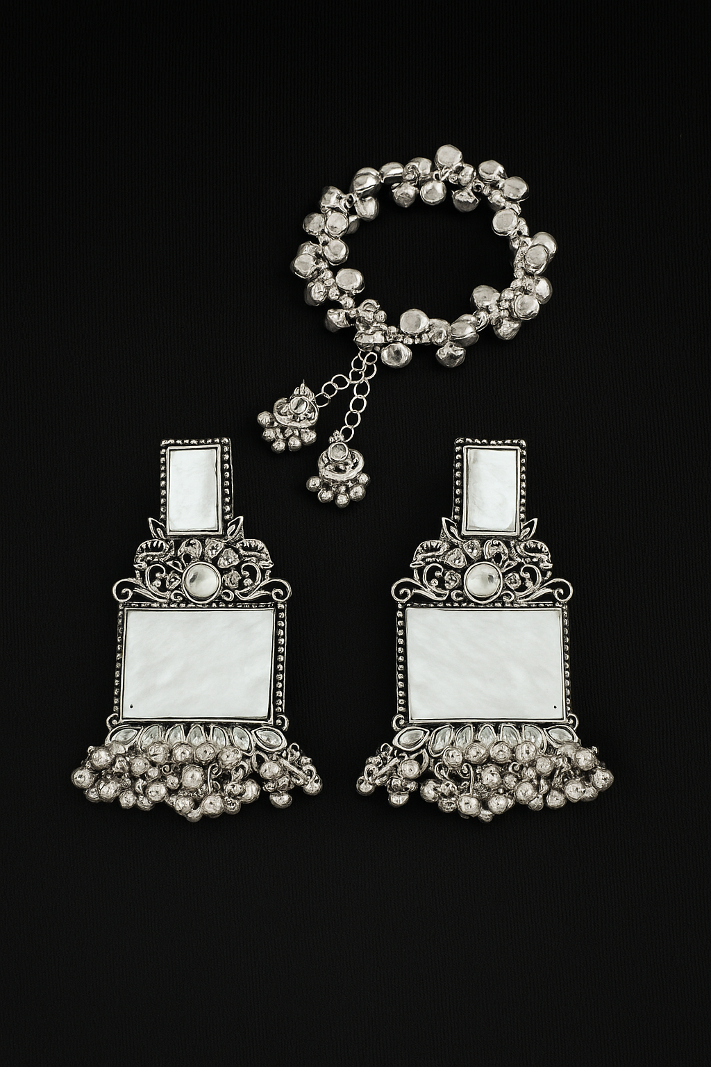 JFL - Jewellery for Less Navratri Special Combo of Oxidised Acrylic Mother of Pearl and Kundan Studded Statement Earrings with Ghungroo Bracelet for Women & Girls. (White)