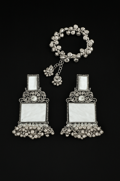 JFL - Jewellery for Less Navratri Special Combo of Oxidised Acrylic Mother of Pearl and Kundan Studded Statement Earrings with Ghungroo Bracelet for Women & Girls. (White)