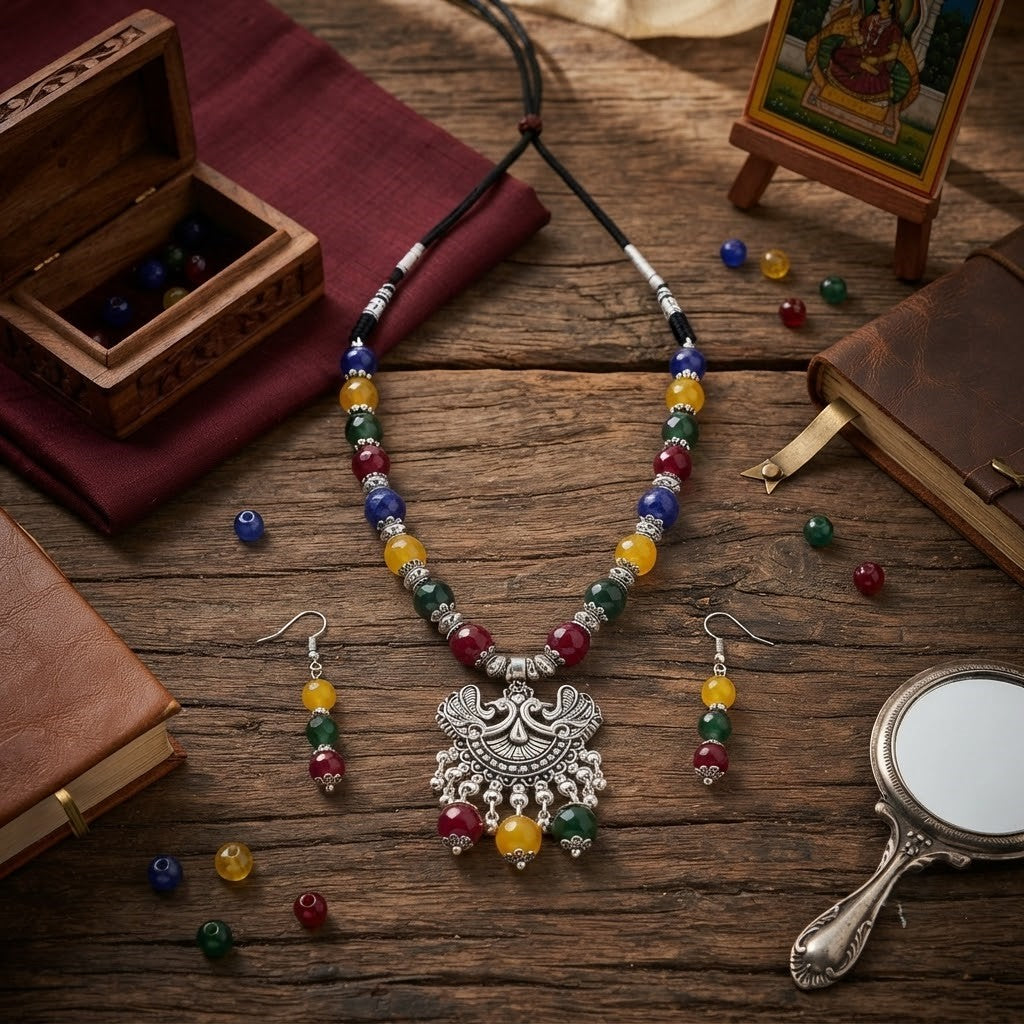 JFL - Jewellery for Less Oxidized German Silver Peacock Pendant Multicolour Beaded Necklace with Earrings Set for Women & Girls | Navratri Special Ethnic Jewellery Set