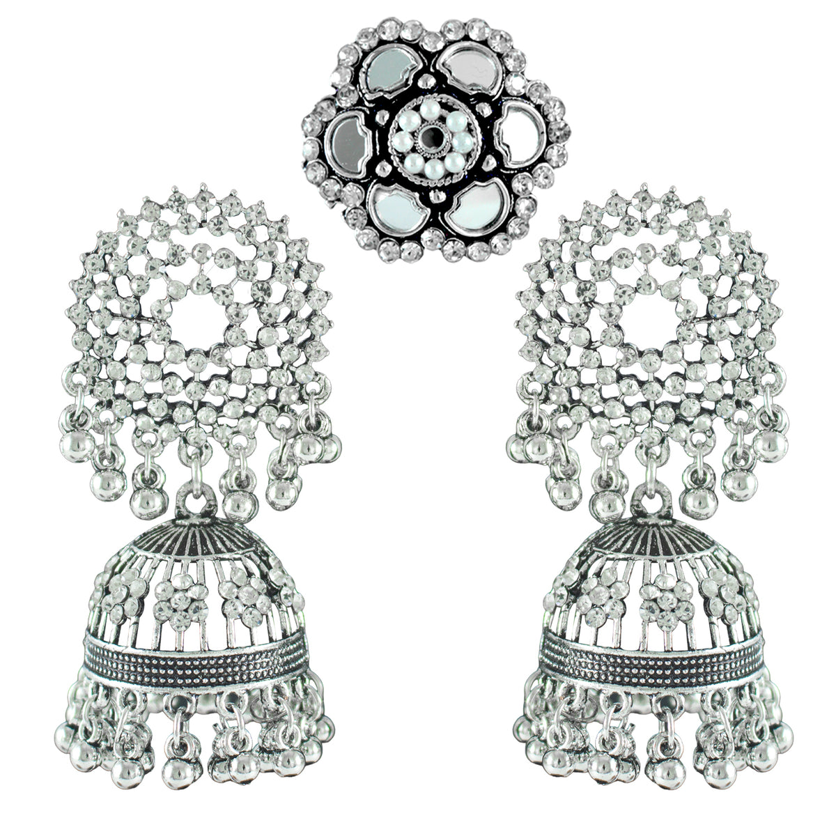 JFL - Jewellery for Less Oxidised Silver-Plated Earrings, Maang Tikka & Finger Ring Combo – Antique Finish with Mirrow Work – Ethnic Jewellery Set for Navratri