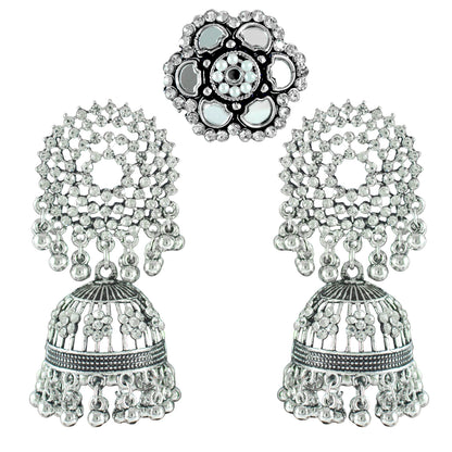 JFL - Jewellery for Less Oxidised Silver-Plated Earrings, Maang Tikka & Finger Ring Combo – Antique Finish with Mirrow Work – Ethnic Jewellery Set for Navratri