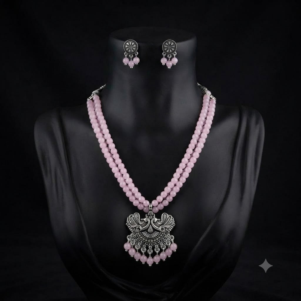 JFL - Jewellery for Less Oxidized German Silver Pink Beads Double Strand Peacock Pendant Necklace with Earrings Set for Women | Antique Silver Design Jewellery Set | Navratri Special Traditional Jewellery