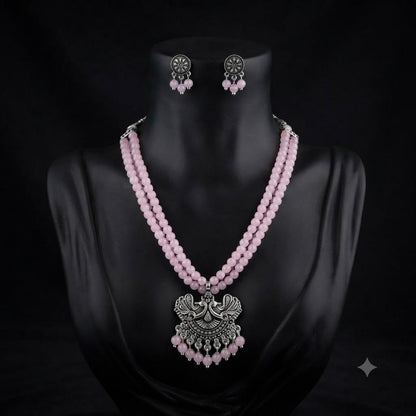 JFL - Jewellery for Less Oxidized German Silver Pink Beads Double Strand Peacock Pendant Necklace with Earrings Set for Women | Antique Silver Design Jewellery Set | Navratri Special Traditional Jewellery