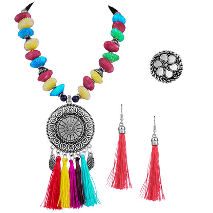JFL - Jewellery for Less Combo Fancy Oxidised Silver Plated Multi Colour Tassel and Mussels Shell Necklace Set with Mirror Work Adjustable Finger Ring Women & Girls.(Navratri Special)
