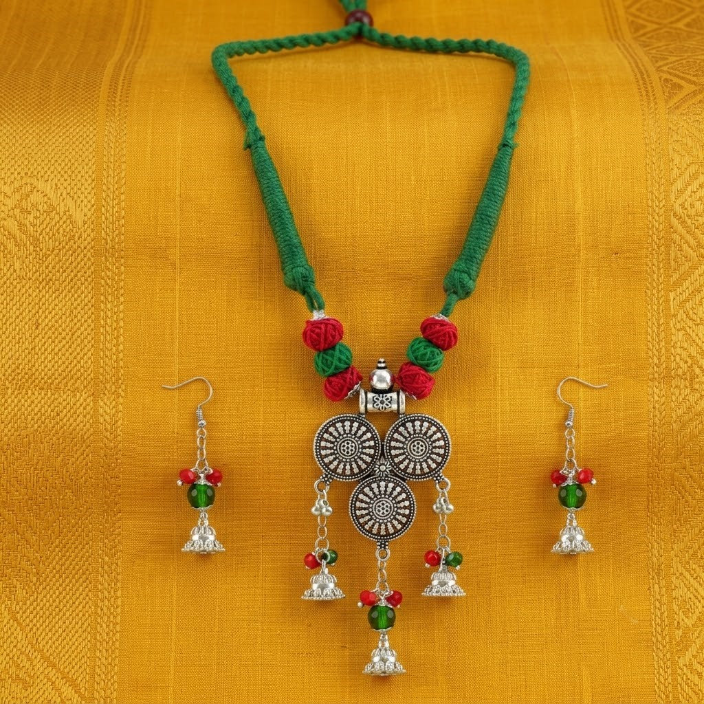 JFL - Jewellery for Less Oxidized Silver Afghani Necklace Set with Red & Green Thread Beads – Tribal Boho Jhumka Earrings – Navratri Traditional Jewellery for Women & Girls