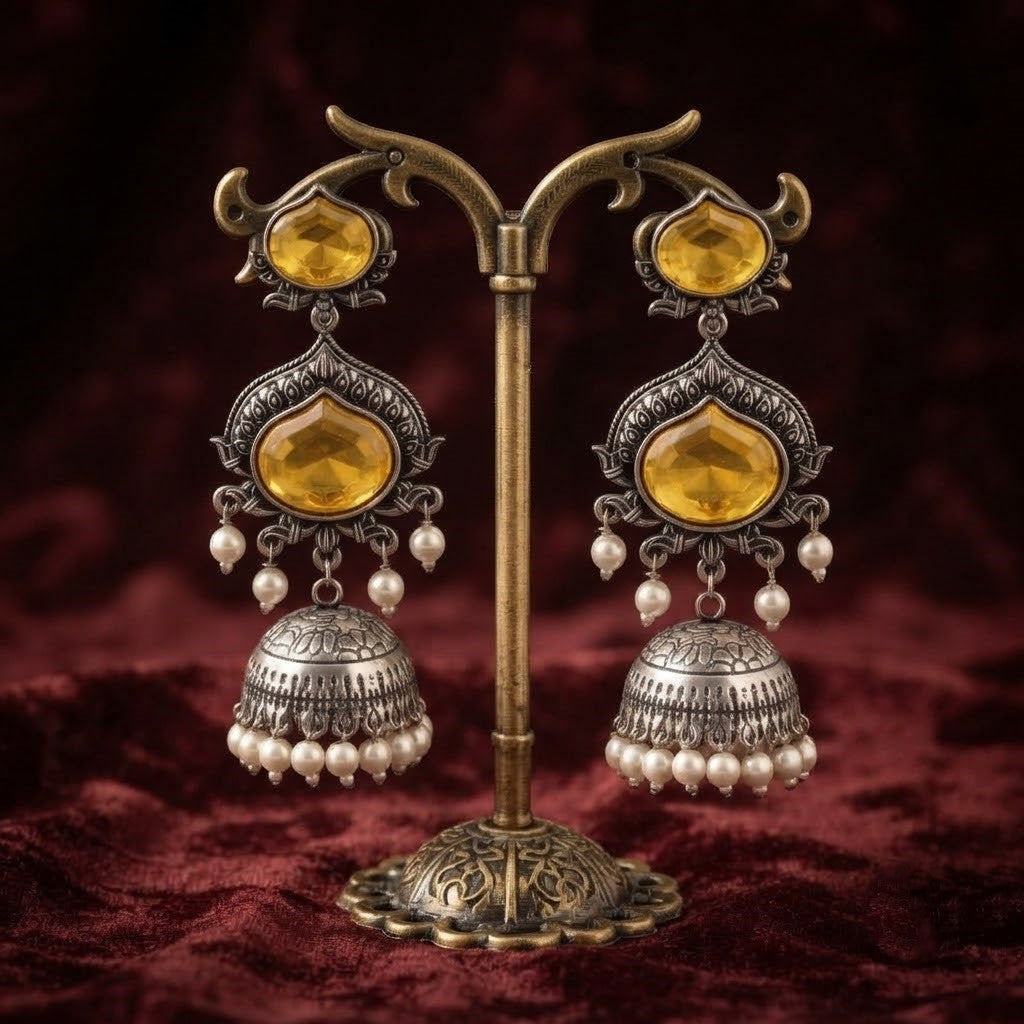 JFL - Jewellery for Less Oxidized Silver-Toned Jhumka Earrings with Yellow Stone and Pearl Drops – Traditional Ethnic Jewellery for Women