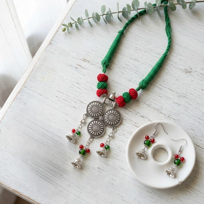 JFL - Jewellery for Less Oxidized Silver Afghani Necklace Set with Red & Green Thread Beads – Tribal Boho Jhumka Earrings – Navratri Traditional Jewellery for Women & Girls