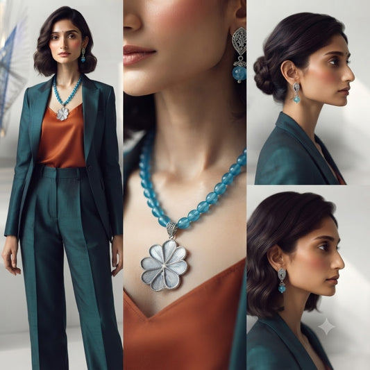 JFL - Jewellery for Less Oxidized Silver Floral Pendant Sky Blue Beaded Necklace Earrings Set for Women – Navratri Special Traditional Jewellery Set
