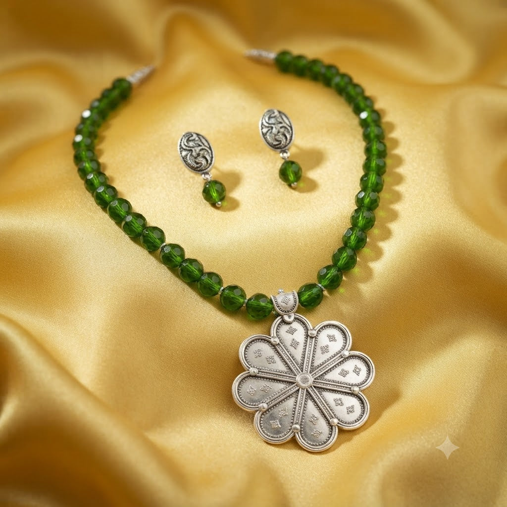JFL - Jewellery for Less Oxidized Silver Floral Pendant Green Beaded Necklace Earrings Set for Women – Navratri Special Traditional Jewellery Set