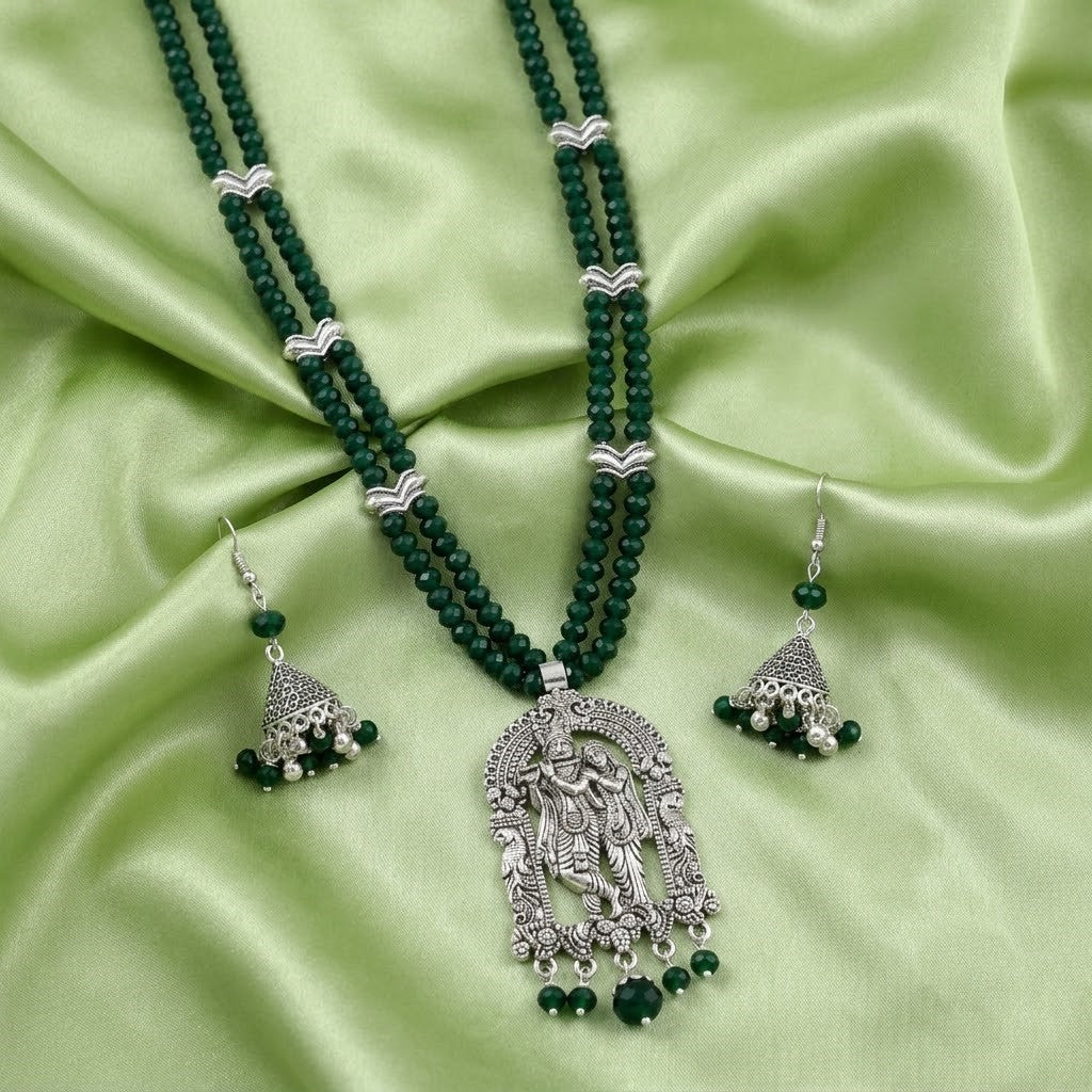 JFL - Jewellery for Less Oxidized German Silver Radha Krishna Pendant Necklace Set with Jhumka Earrings for Women | Dark Green Beaded Traditional Ethnic Jewellery Set | Navratri Festive