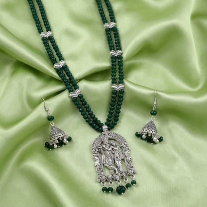 JFL - Jewellery for Less Oxidized German Silver Radha Krishna Pendant Necklace Set with Jhumka Earrings for Women | Dark Green Beaded Traditional Ethnic Jewellery Set | Navratri Festive