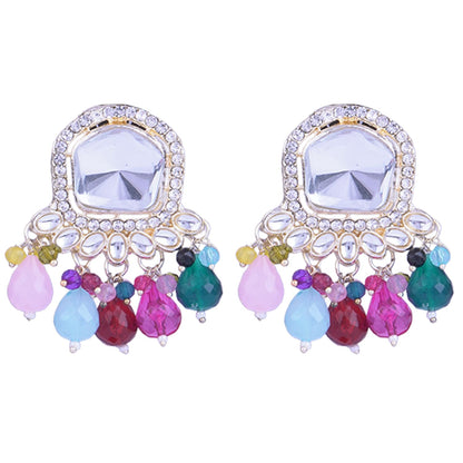 JFL-Jewellery for Less Gold Plated White Kundan with Crystal Multi beads Drop Design Earring for Women & Girls.(Navratri Special)