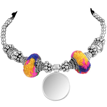 JFL - Jewellery for Less Oxidised Silver Plated Mirror Work With Pom-Pom Necklace Sets with Matching Earrings for Women and Girls.(Navratri Special)